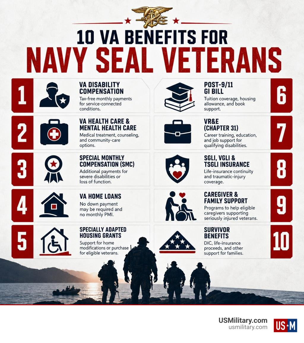 Infographic of 10 VA benefits for Navy SEAL veterans infographic Infographic of 10 VA benefits for Navy SEAL veterans infographic