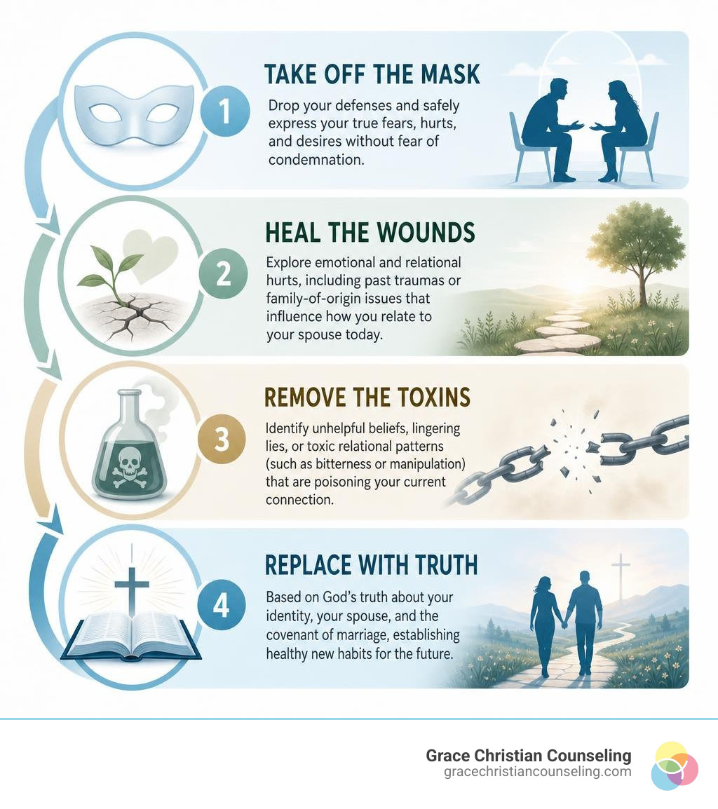 Diagram illustrating the four stages of the Counseling Blueprint: Mask, Wounds, Toxins, and Truth