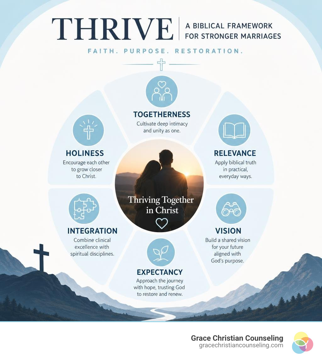 Infographic summarizing the THRIVE system for Christian couples counseling, including Togetherness, Holiness, Relevance