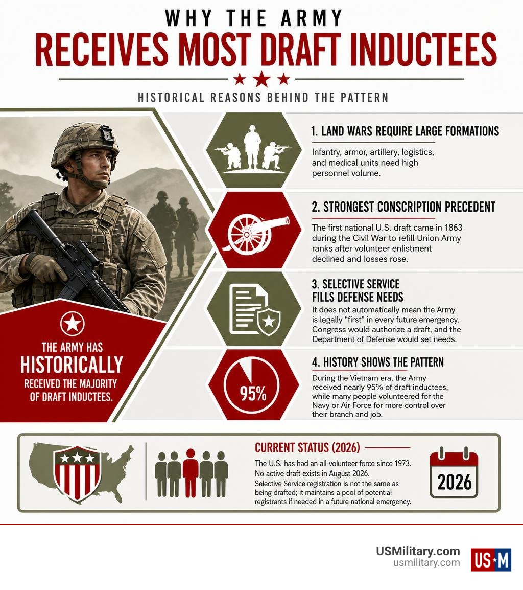 Infographic showing why the Army historically receives most draft inductees infographic Infographic showing why the Army historically receives most draft inductees infographic