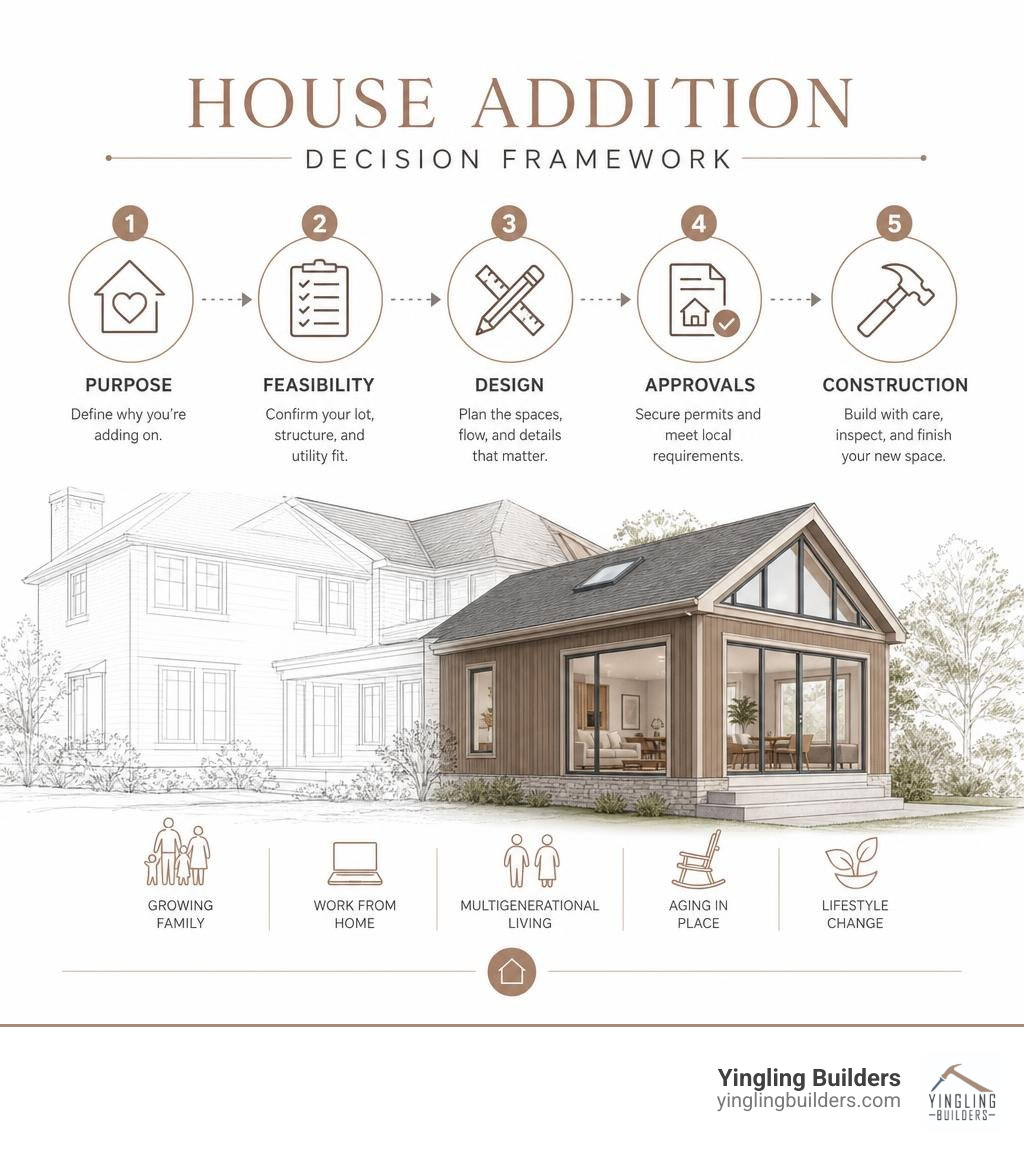 House addition decision framework: purpose, feasibility, design, approvals, construction infographic House addition decision framework: purpose, feasibility, design, approvals, construction infographic