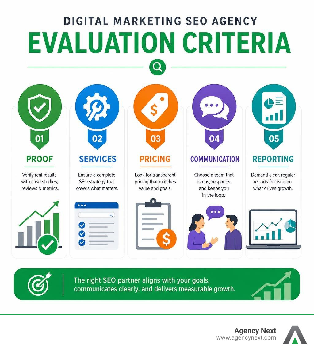 Digital marketing SEO agency evaluation criteria: proof, services, pricing, communication, reporting infographic
