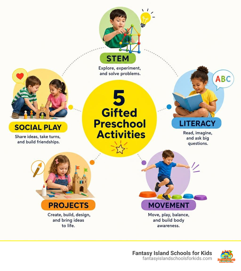 Infographic showing gifted preschool activities: STEM, literacy, movement, projects, and social play infographic Infographic showing gifted preschool activities: STEM, literacy, movement, projects, and social play infographic