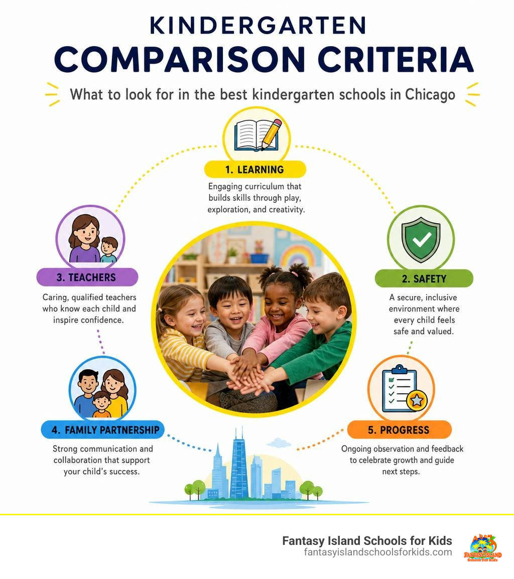Kindergarten comparison criteria: learning, safety, teachers, family partnership, and progress infographic