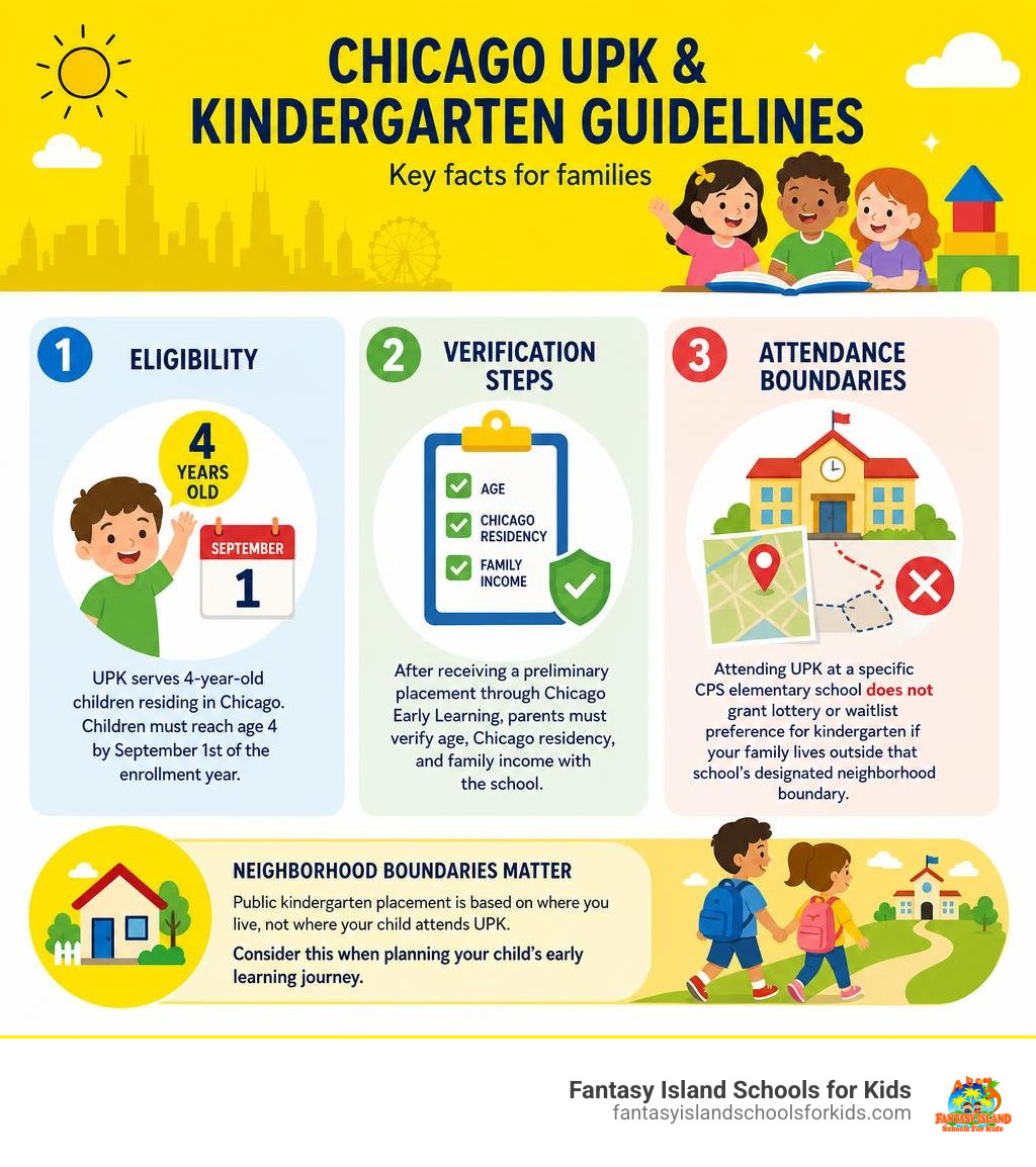 Overview of Chicago UPK eligibility and kindergarten enrollment guidelines infographic