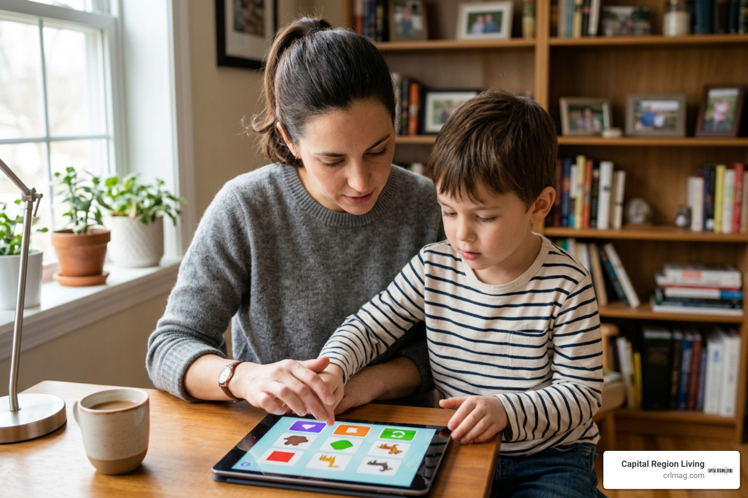 parent assisting child with interactive study kits on a tablet