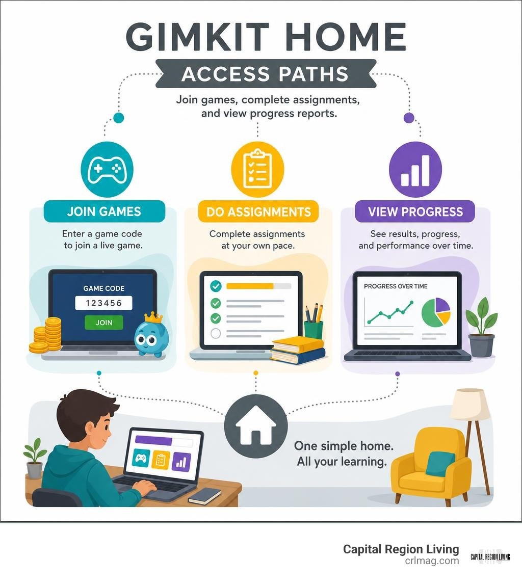 Gimkit Home access paths for joining games, assignments, and progress reports infographic