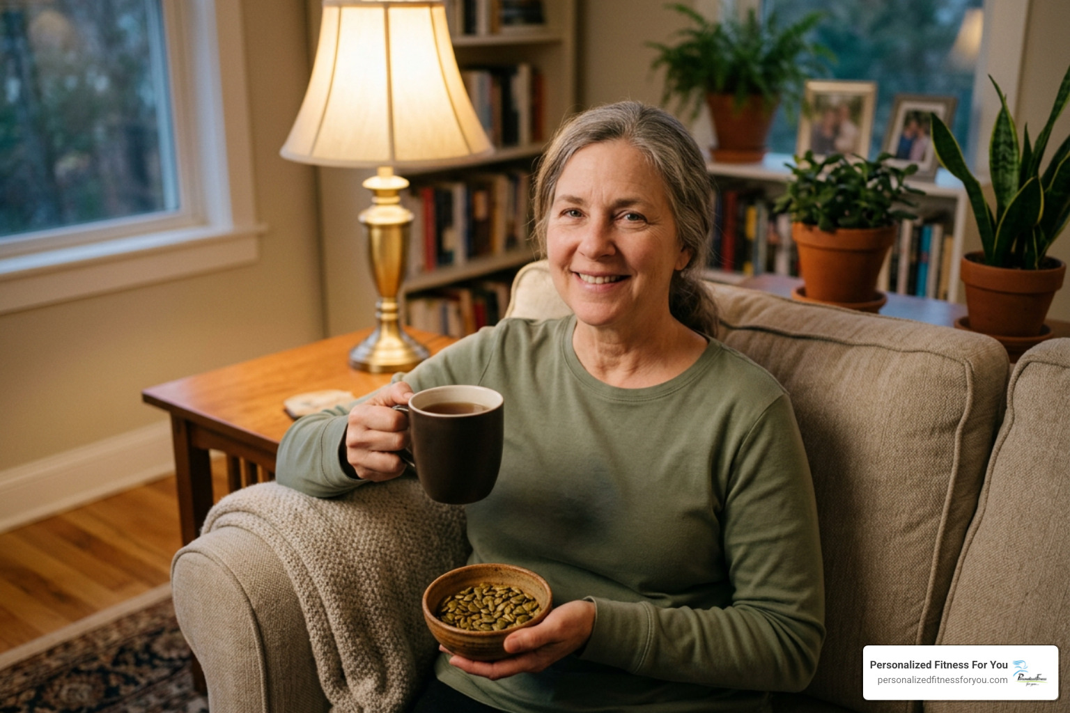 Mature active woman enjoying a restful evening tea and seed snack
