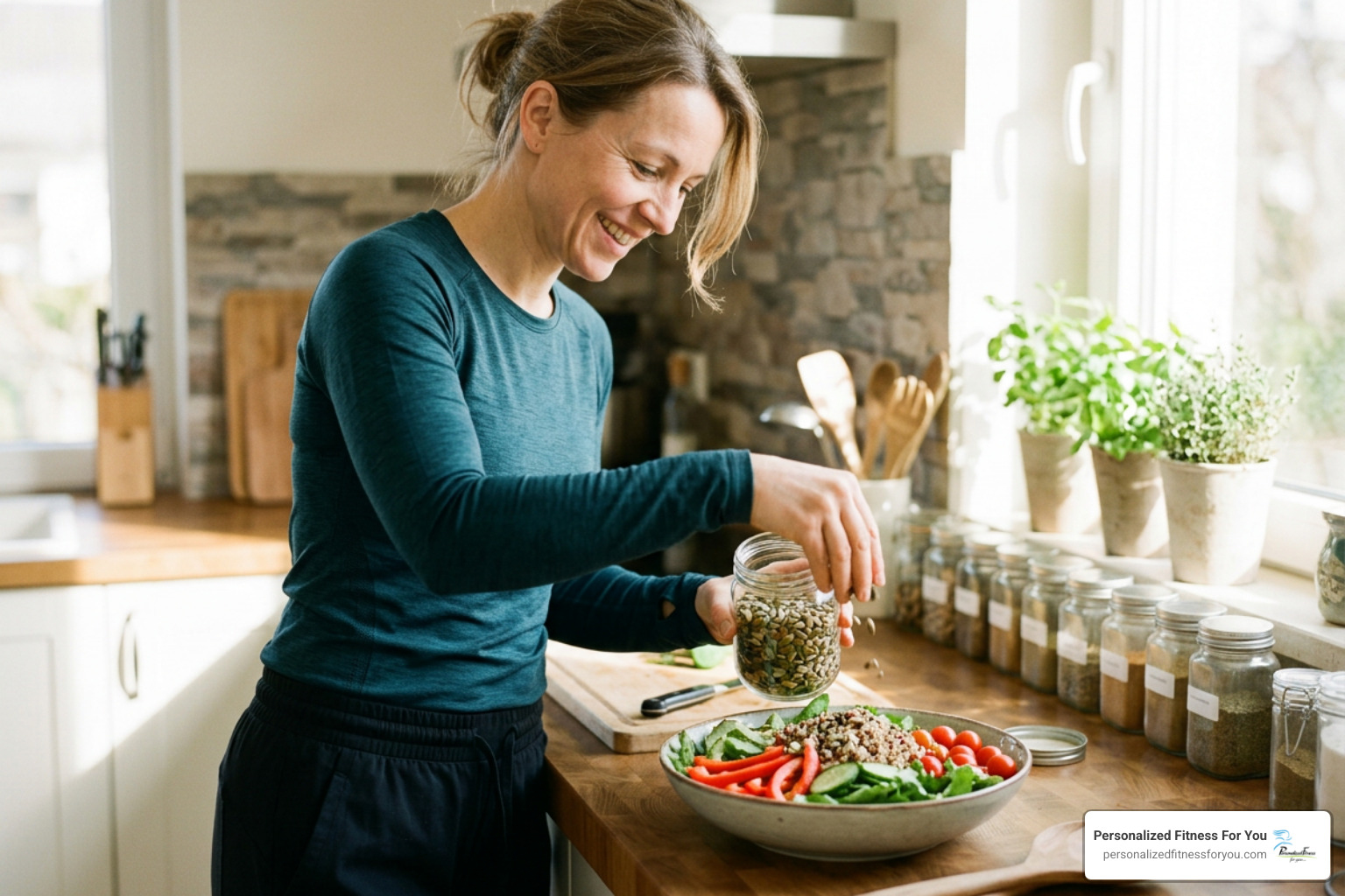 Healthy active woman preparing a colorful heart-healthy salad with seeds