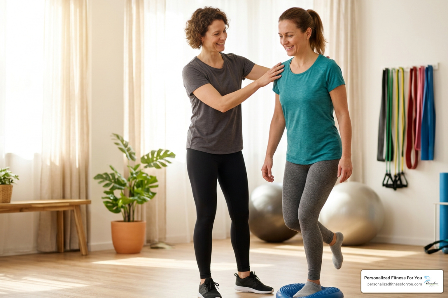 Joy Grout guiding a client through gentle low-impact stability training in studio Joy Grout guiding a client through gentle low-impact stability training in studio