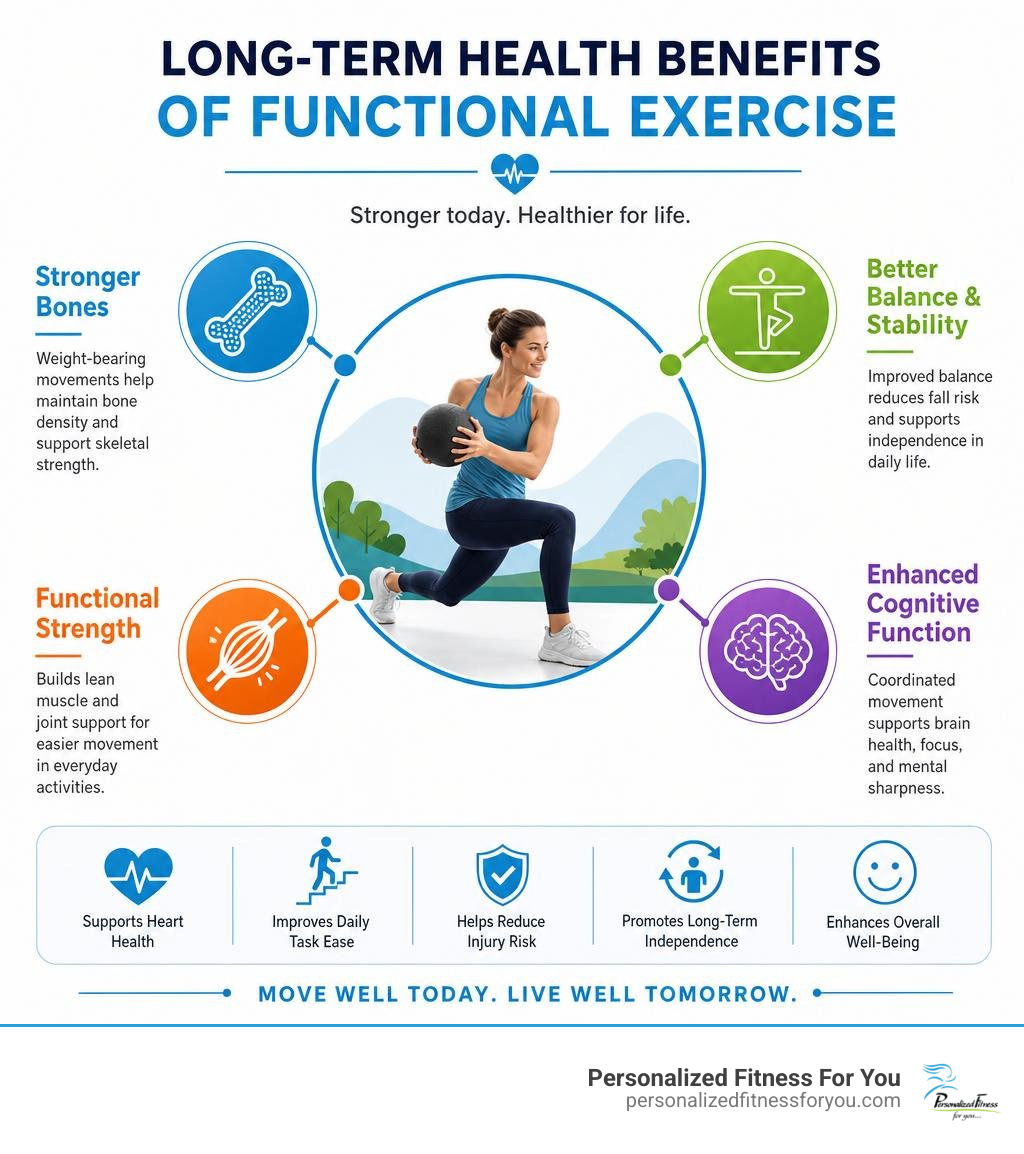 Infographic displaying long-term health benefits of functional exercise including mobility, balance, and cognitive vitality Infographic displaying long-term health benefits of functional exercise including mobility, balance, and cognitive vitality