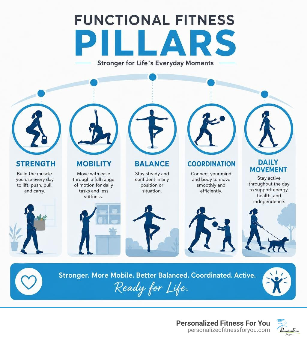 Functional fitness pillars: strength mobility balance coordination and daily movement infographic Functional fitness pillars: strength mobility balance coordination and daily movement infographic