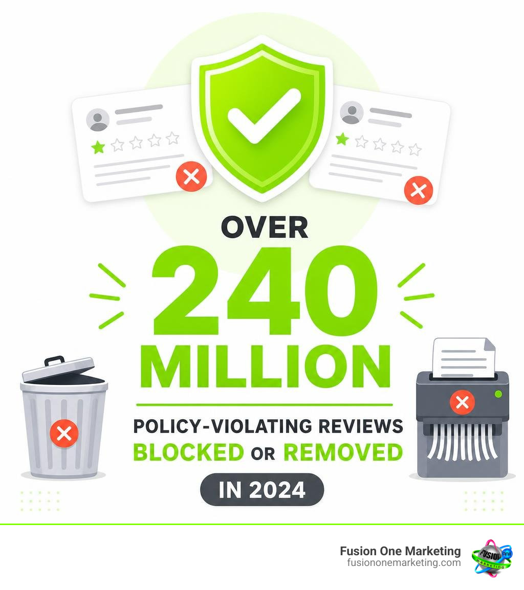 Stat showing over 240 million policy-violating Google reviews blocked or removed in 2024 infographic Stat showing over 240 million policy-violating Google reviews blocked or removed in 2024 infographic