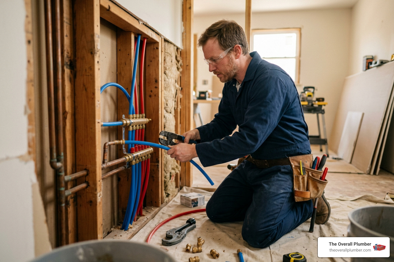 Professional plumber working inside wall cavity Professional plumber working inside wall cavity