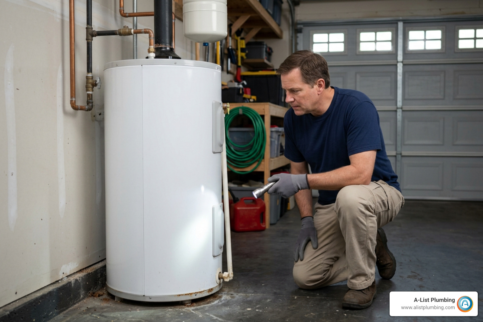 homeowner inspecting water heater for leaks homeowner inspecting water heater for leaks