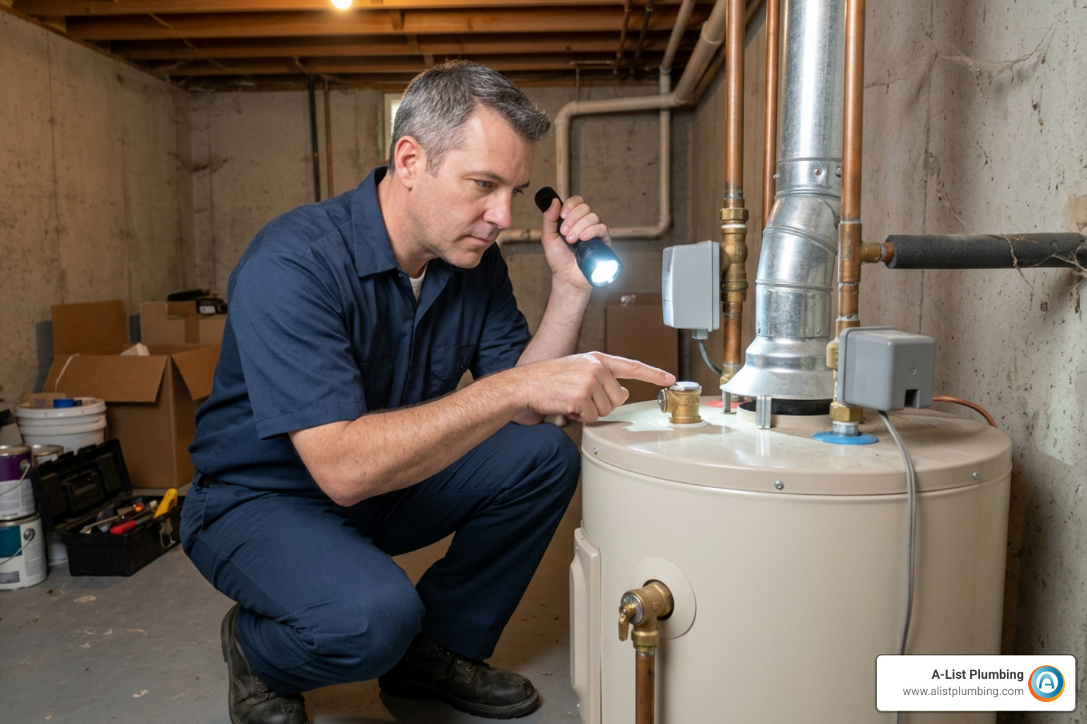 plumber inspecting T&P valve and anode rod plumber inspecting T&P valve and anode rod