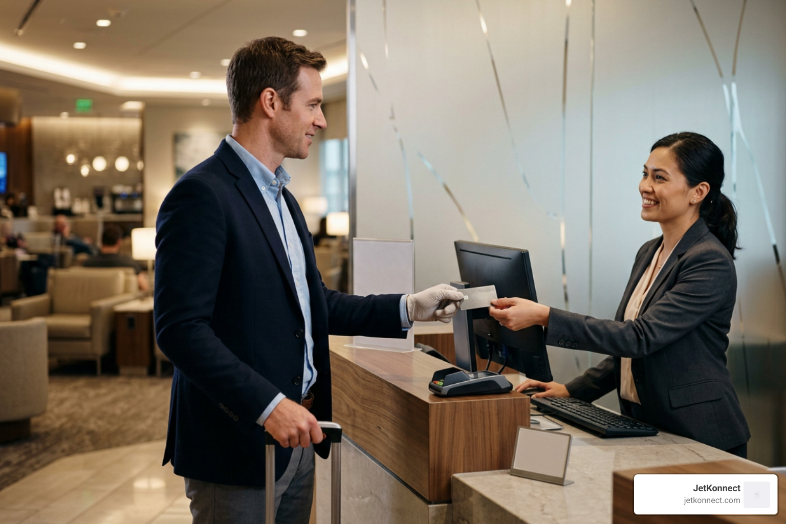Traveler presenting elite credit card for lounge entry Traveler presenting elite credit card for lounge entry