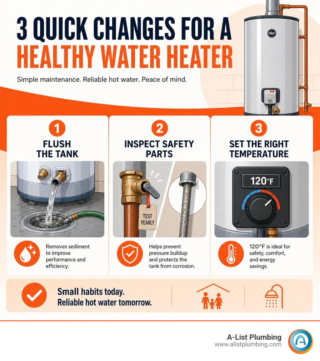 Water heater tank maintenance infographic: flush, inspect safety parts, set temperature infographic Water heater tank maintenance infographic: flush, inspect safety parts, set temperature infographic