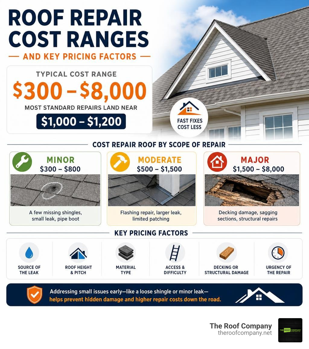 Roof repair cost ranges and key pricing factors infographic Roof repair cost ranges and key pricing factors infographic