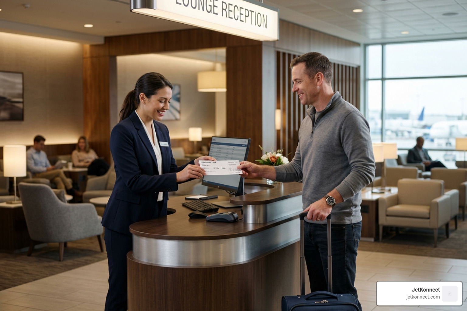 Airport lounge reception desk staff checking boarding passes Airport lounge reception desk staff checking boarding passes