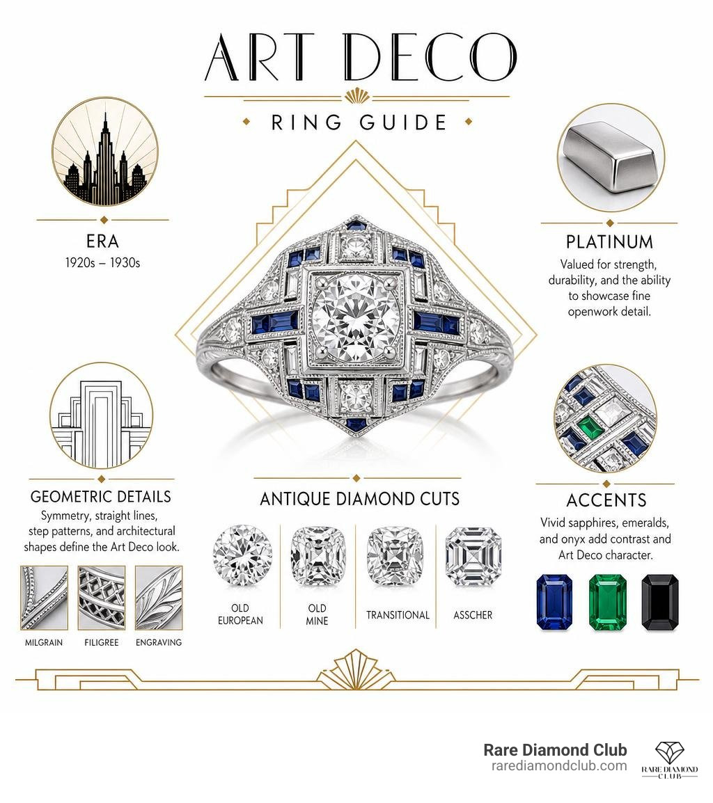 Art Deco ring guide: era, platinum, geometric details, antique diamond cuts, and accents infographic