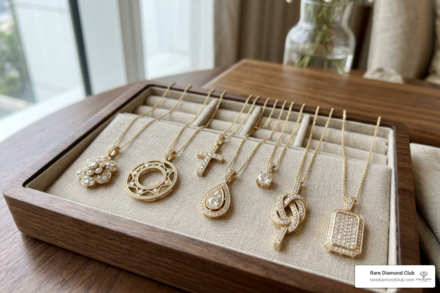 Luxury custom diamond pendant collection displayed on a jewelry tray Luxury custom diamond pendant collection displayed on a jewelry tray