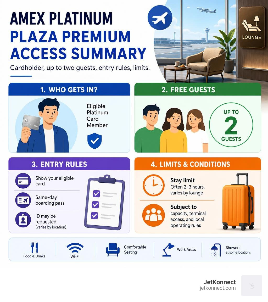 Amex Platinum Plaza Premium access summary: cardholder, two guests, entry rules, limits infographic Amex Platinum Plaza Premium access summary: cardholder, two guests, entry rules, limits infographic