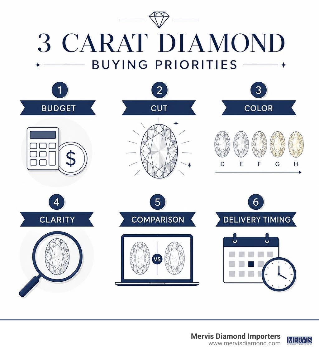 3 carat diamond buying priorities: budget, cut, color, clarity, comparison, delivery timing infographic