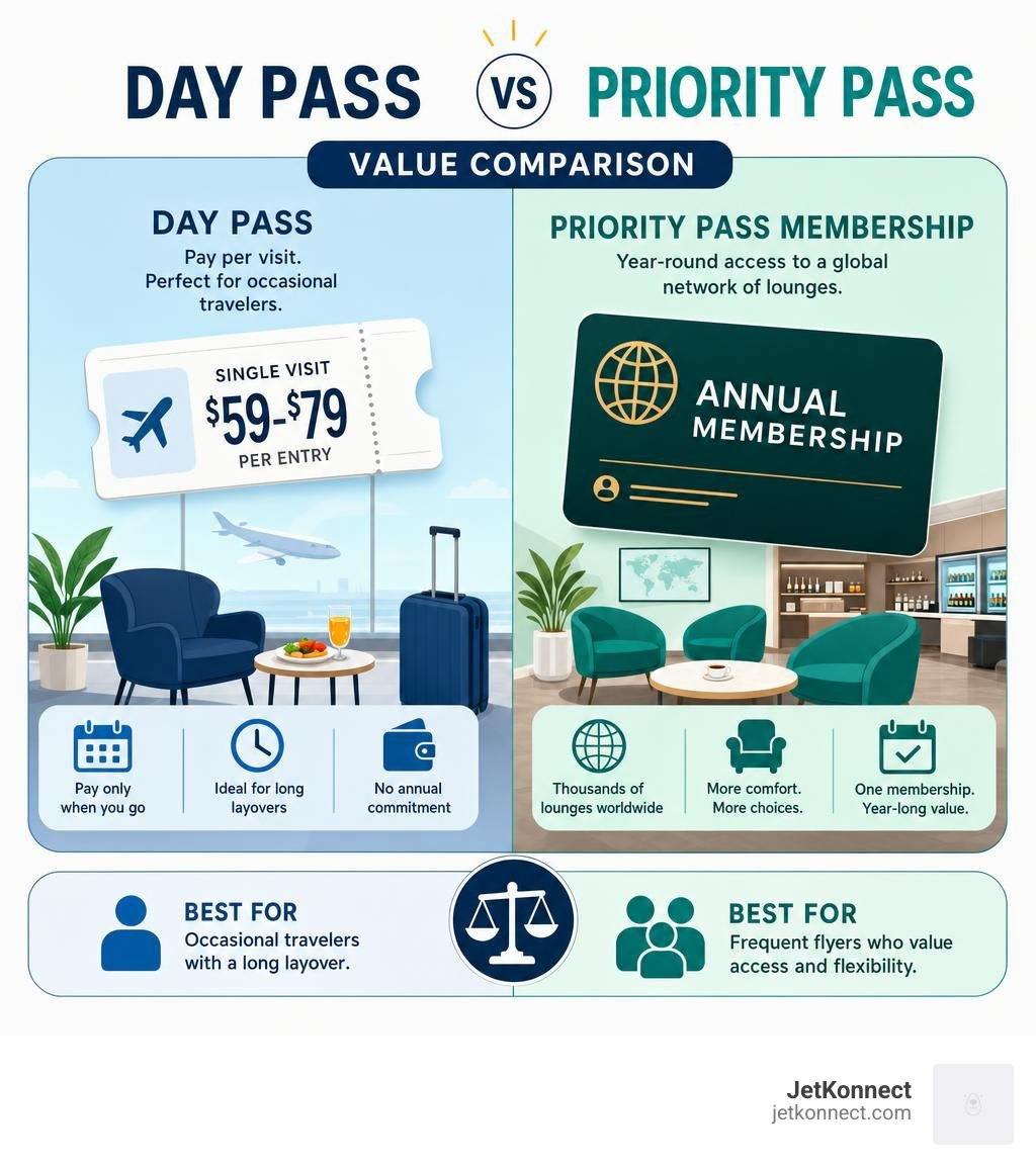 Value comparison: Day pass vs Priority Pass annual value infographic Value comparison: Day pass vs Priority Pass annual value infographic