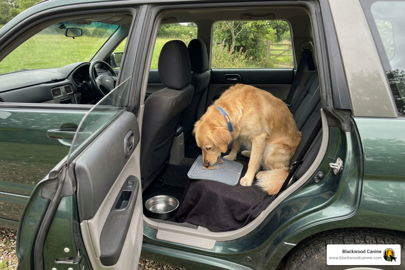 dog eating treat calmly inside a stationary car with engine off dog eating treat calmly inside a stationary car with engine off