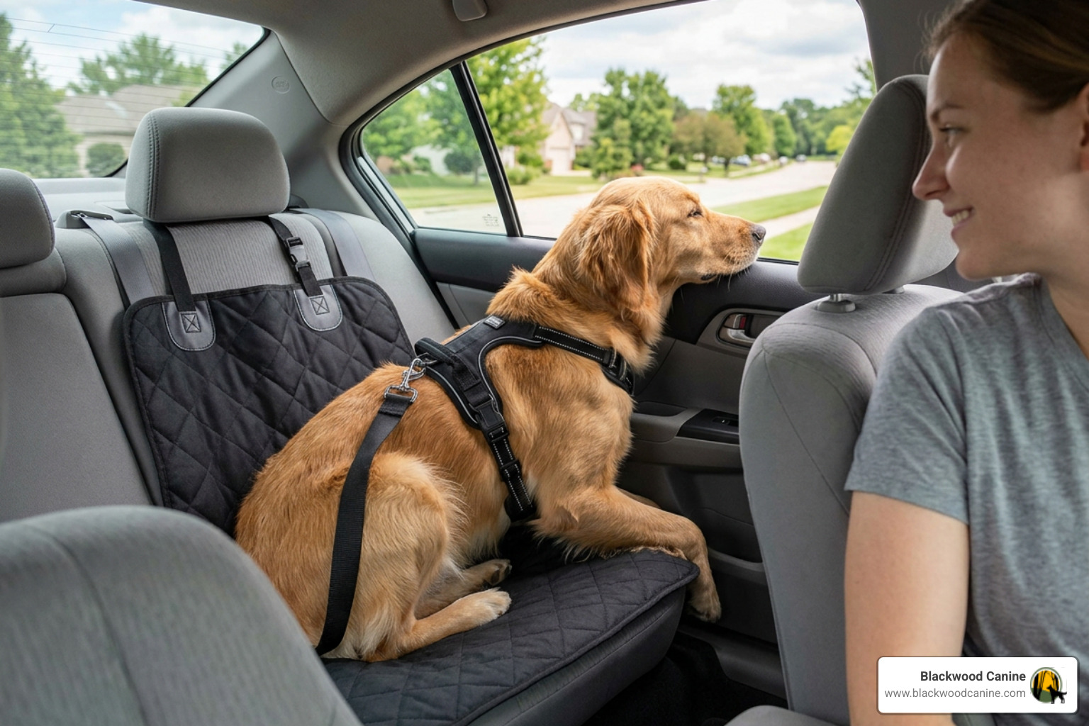 dog safely secured in crash tested harness in vehicle dog safely secured in crash tested harness in vehicle