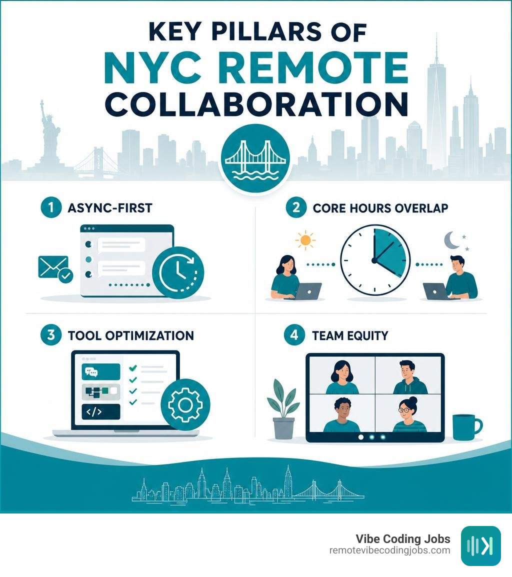 Key pillars of NYC remote collaboration: async-first, core hours overlap, tool optimization, and team equity infographic Key pillars of NYC remote collaboration: async-first, core hours overlap, tool optimization, and team equity infographic