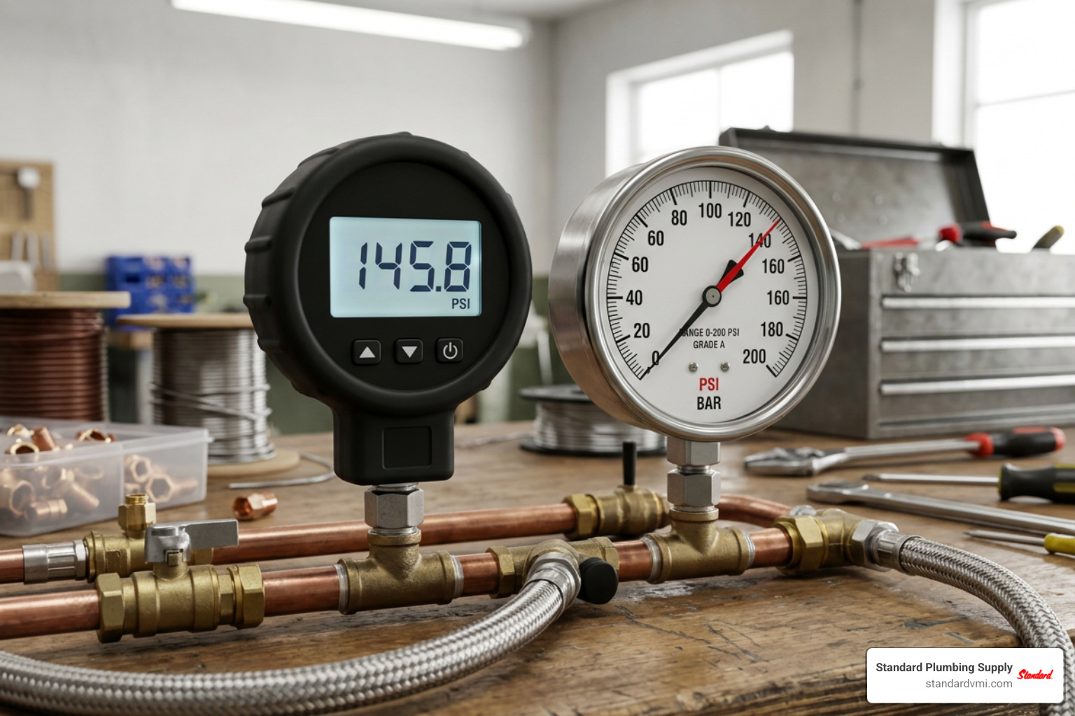 digital and analog pressure test gauges on technician workbench digital and analog pressure test gauges on technician workbench
