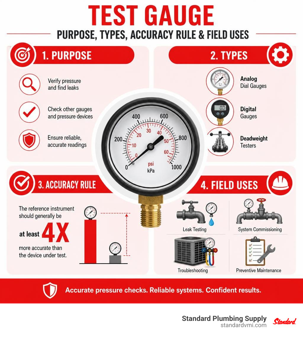 Test gauge purpose, types, accuracy rule, and field uses infographic Test gauge purpose, types, accuracy rule, and field uses infographic