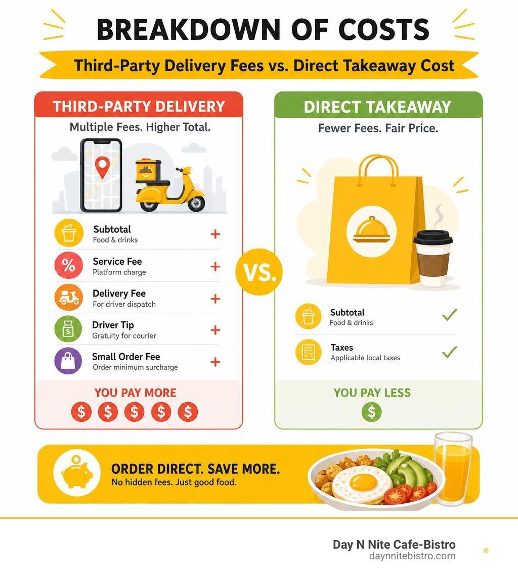 Breakdown of third party delivery fees versus direct takeaway cost infographic