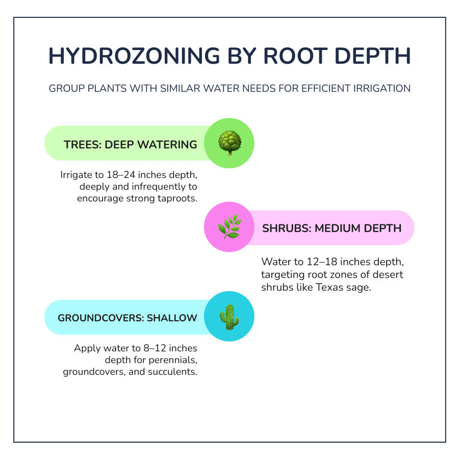 Infographic breaking down hydrozoning layout showing separate irrigation circuits for trees, shrubs, and succulents Infographic breaking down hydrozoning layout showing separate irrigation circuits for trees, shrubs, and succulents