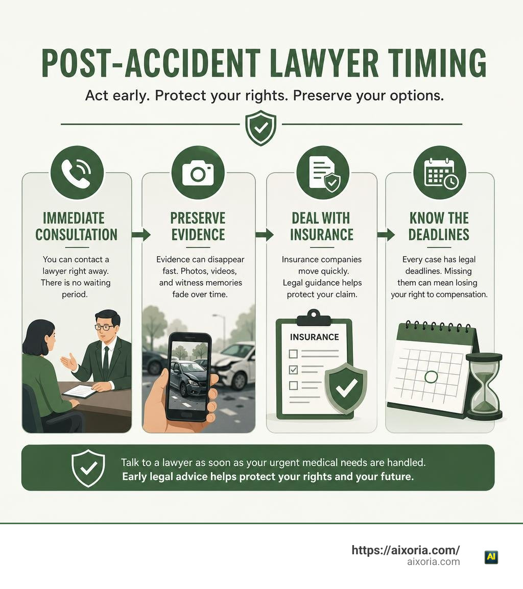 Post-accident lawyer timing: immediate consultation, evidence, insurance, filing deadlines infographic