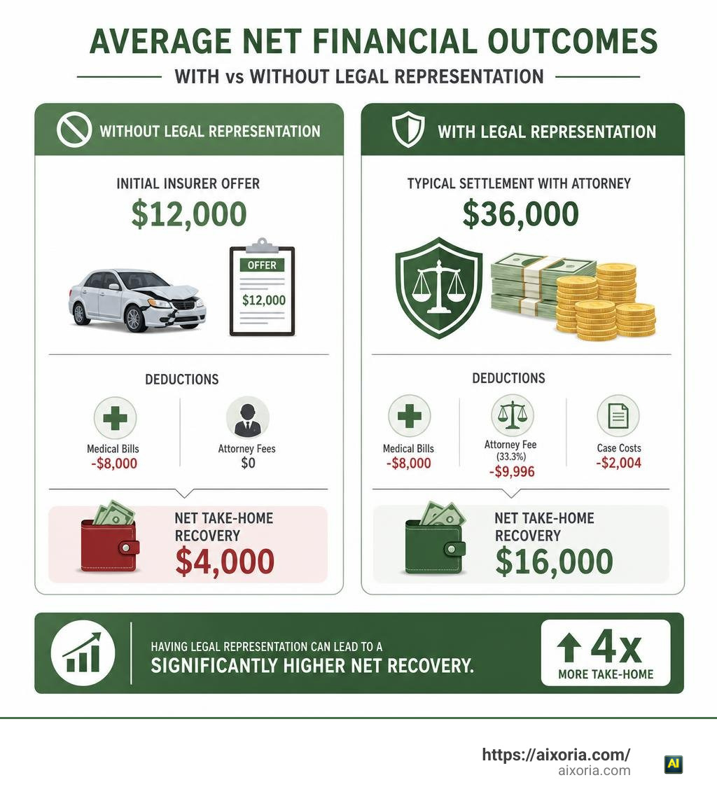 Comparison of average net financial outcomes with vs without legal representation infographic