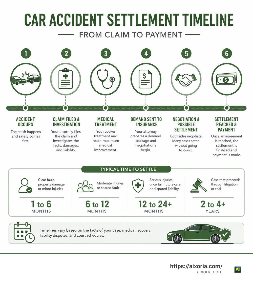 Car accident settlement timeline from claim to payment infographic