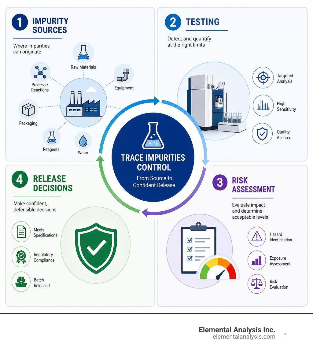 Infographic showing impurity sources, testing, risk assessment, and release decisions infographic Infographic showing impurity sources, testing, risk assessment, and release decisions infographic