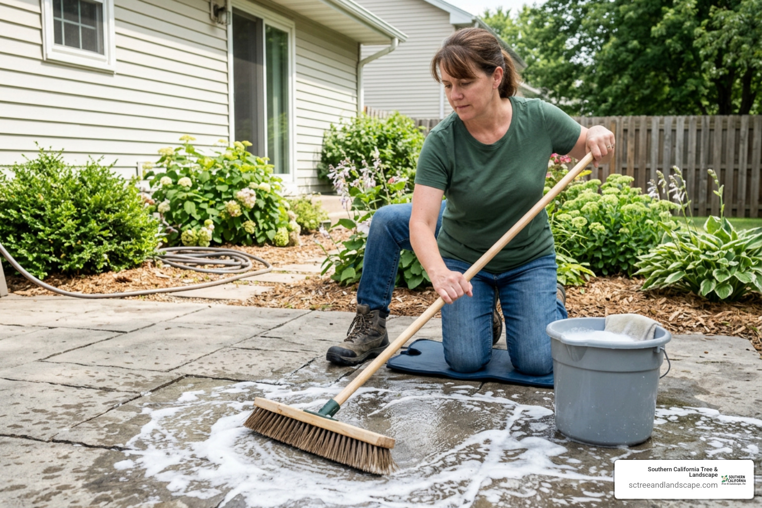 homeowner scrubbing concrete flag patio with a broom homeowner scrubbing concrete flag patio with a broom