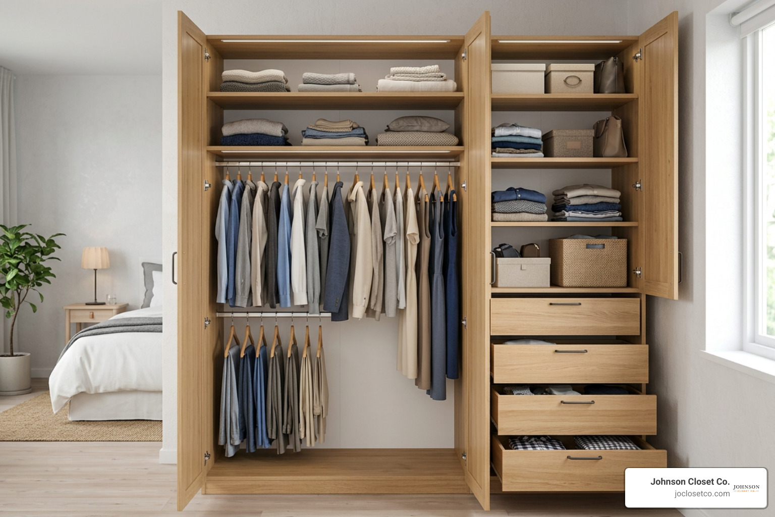 interior layout of open 3 door wardrobe showing double hanging section, adjustable shelves, and drawers