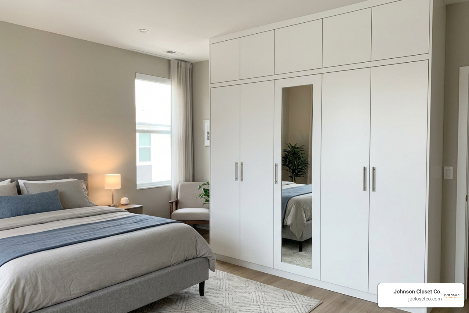 3 door wardrobe design with integrated door mirror and overhead loft extension