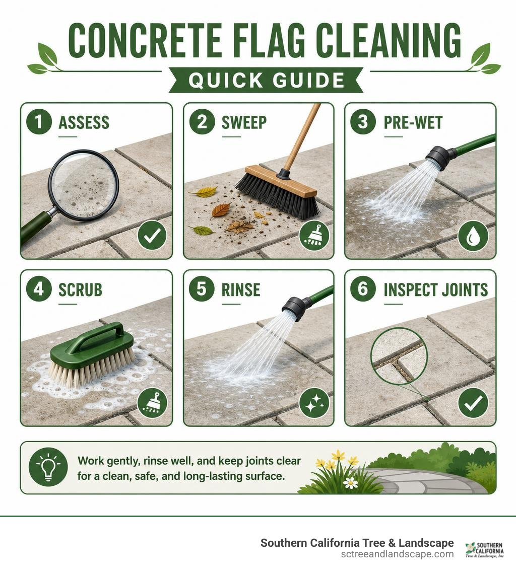 Concrete flag cleaning quick guide: assess, sweep, pre-wet, scrub, rinse, inspect joints infographic Concrete flag cleaning quick guide: assess, sweep, pre-wet, scrub, rinse, inspect joints infographic