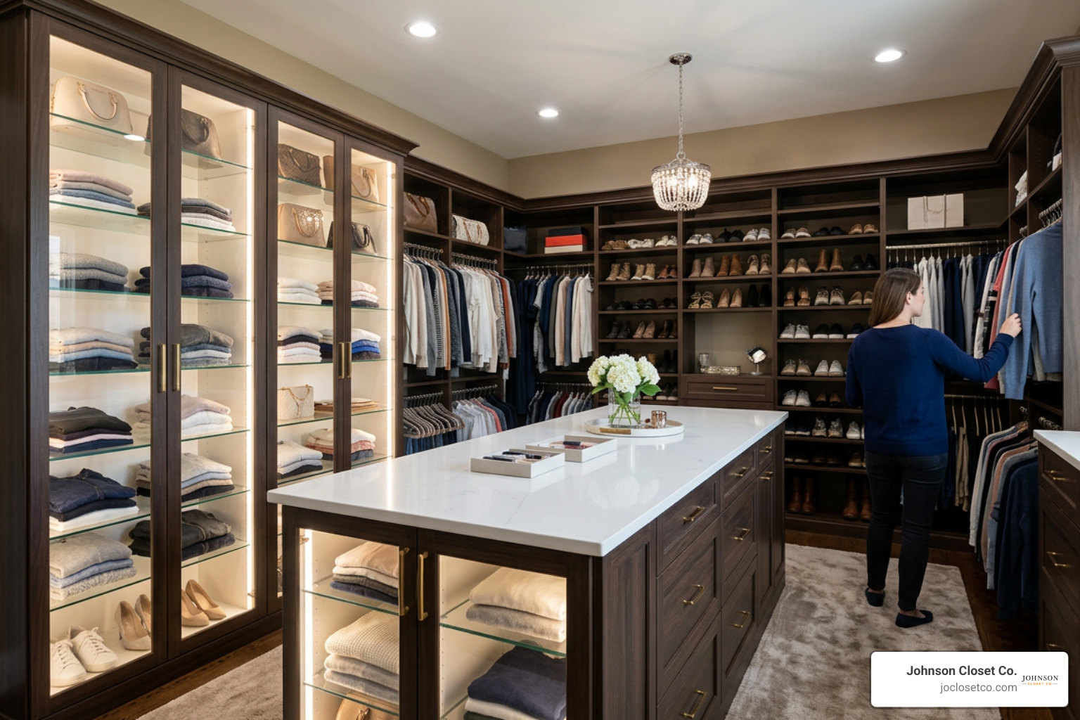 luxury walk-in closet island with quartz top and glass cabinets