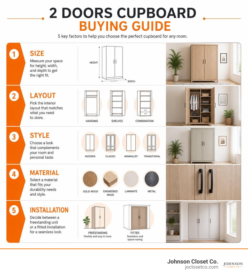 2 doors cupboard buying guide:size, layout, style, material, and installation infographic