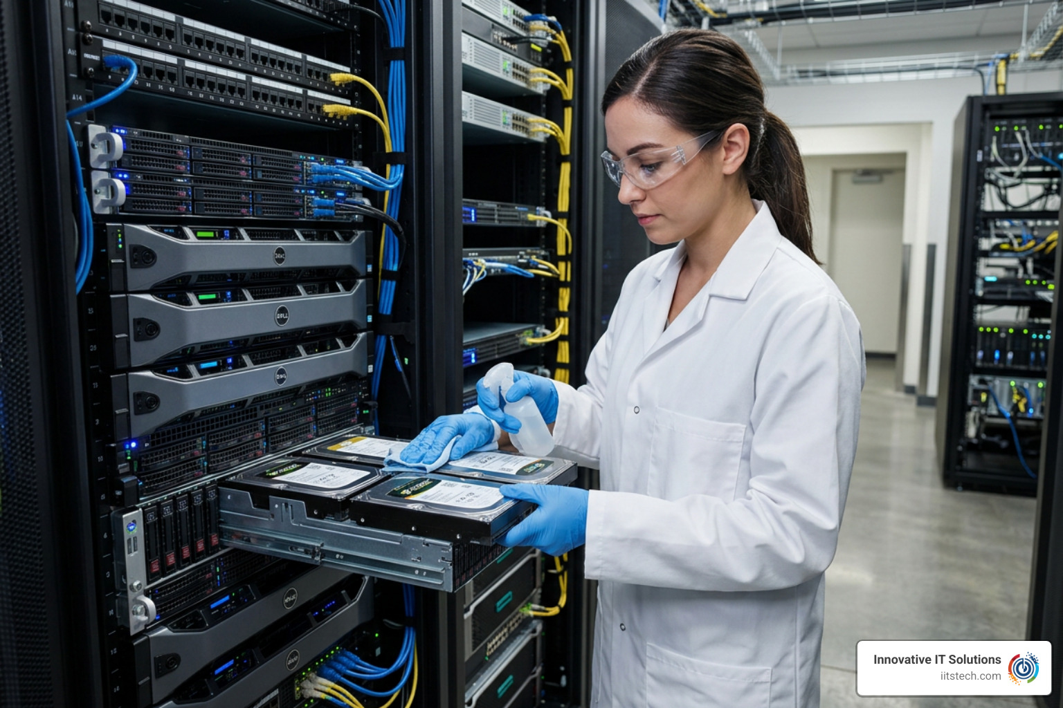 IT technician sanitizing enterprise hard drive array in a modern data center