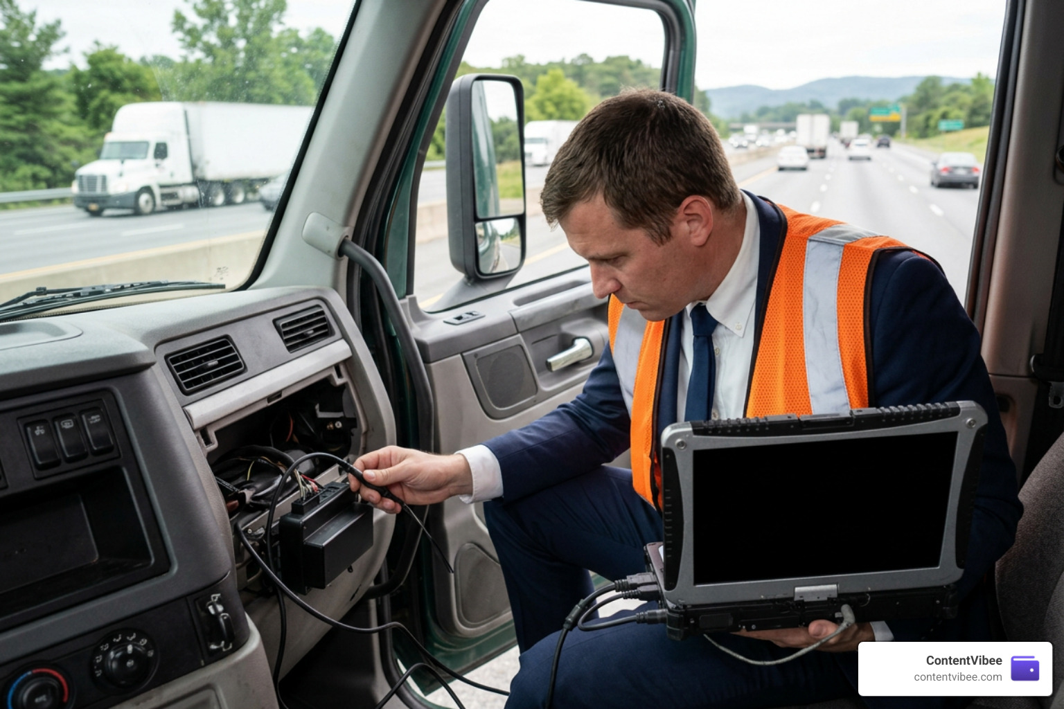 legal investigator inspecting black box data on a commercial semi truck