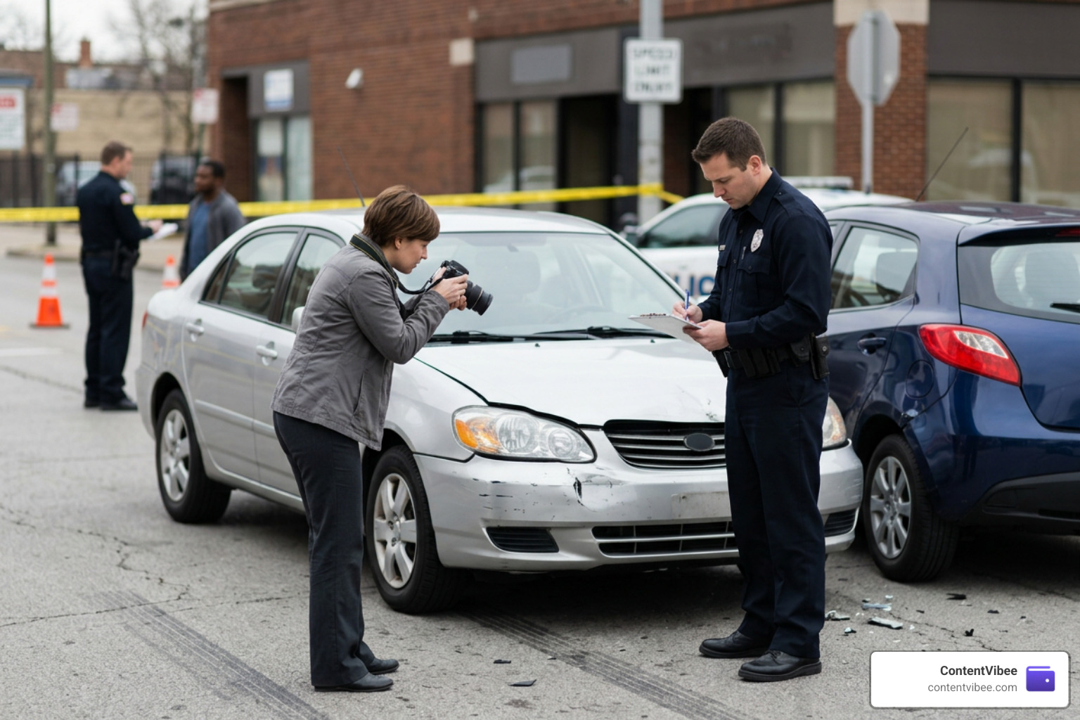 Gathering evidence at a car accident scene including vehicle damage photos and police report details