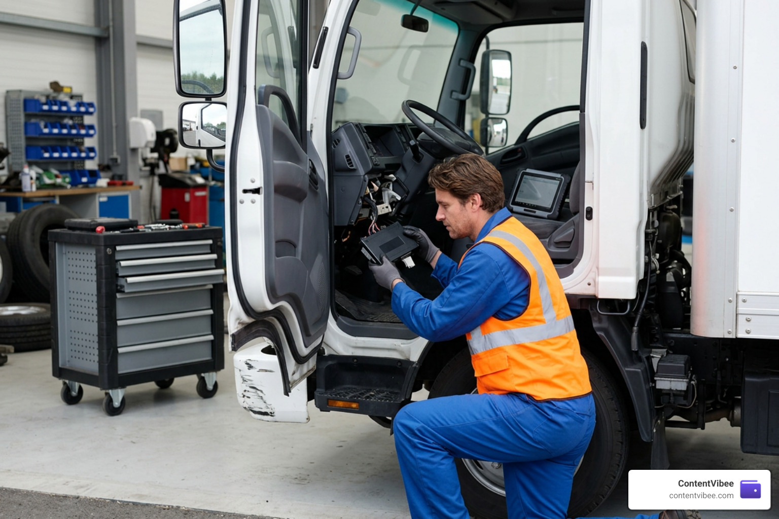 Technician extracting black box Event Data Recorder files from commercial vehicle Technician extracting black box Event Data Recorder files from commercial vehicle